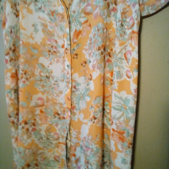 Rose & Olive Blouse Women L Short Sleeve Button Up Feminine Floral Orange Green - Picture 6 of 13